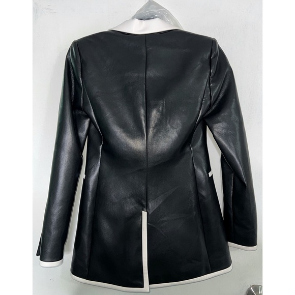 Alice + Olivia Breann Black Off White Vegan Leather Blazer Jacket - Picture 9 of 16